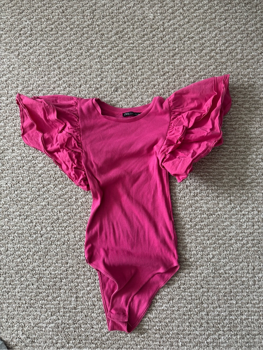 Zara Hot Pink Ruffle Sleeve Ribbed Bodysuit